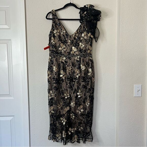 Mac Duggal Floral Embellished V-Neck Midi Dress With Shoulder Bow NEW Size 12 - Picture 11 of 12
